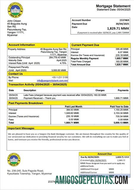 realista Modelo Word e PDF de extrato de hipoteca do banco da cidade de Myanmar Yangon